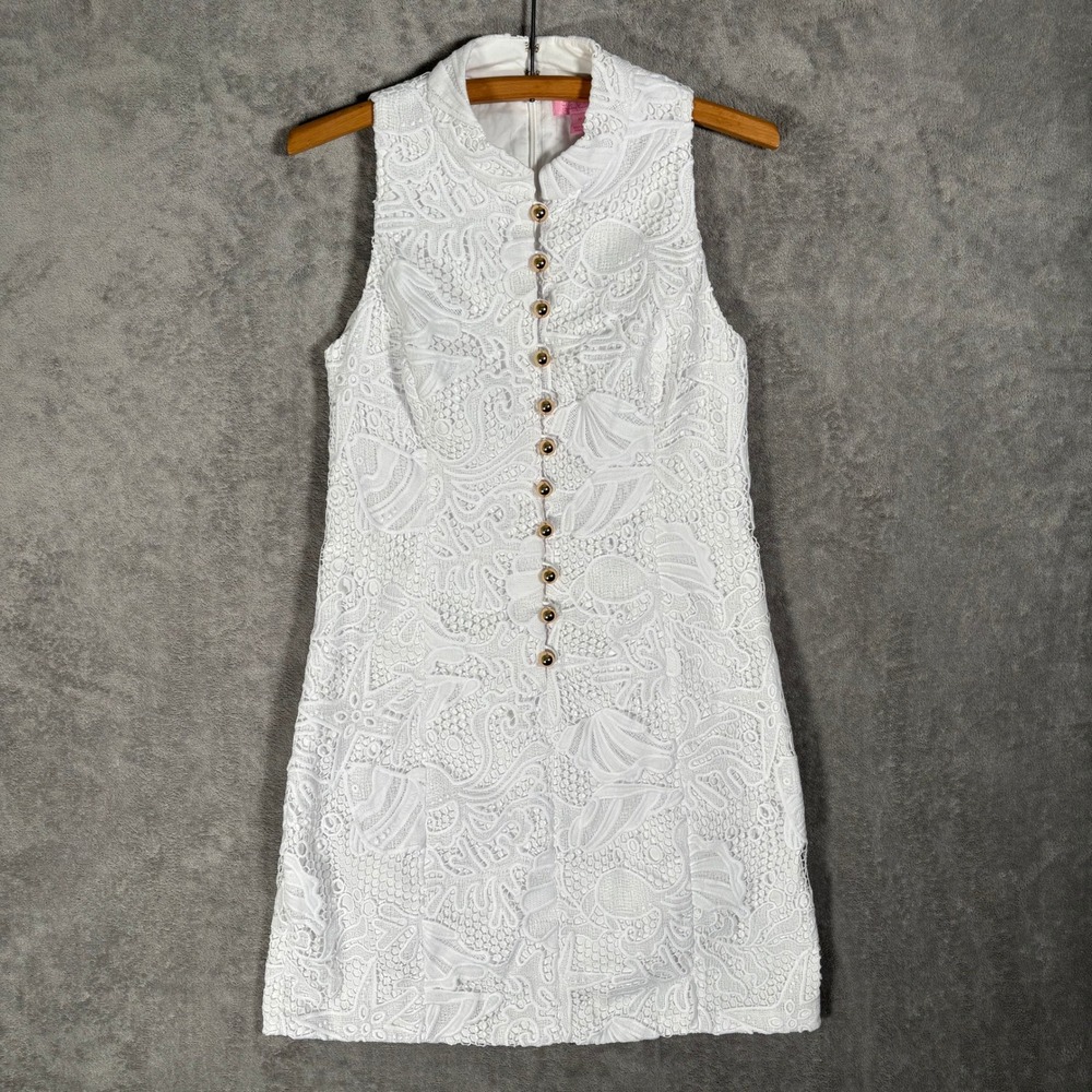 Lilly Pulitzer Alexa Shift Dress 10 Under The Sea Lace Resort White Gold Buttons